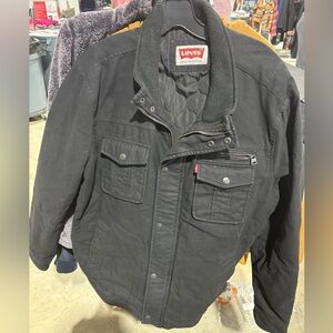 Levis Mens Trucker Jacket Black Denim Quilted Lining Button/Zip